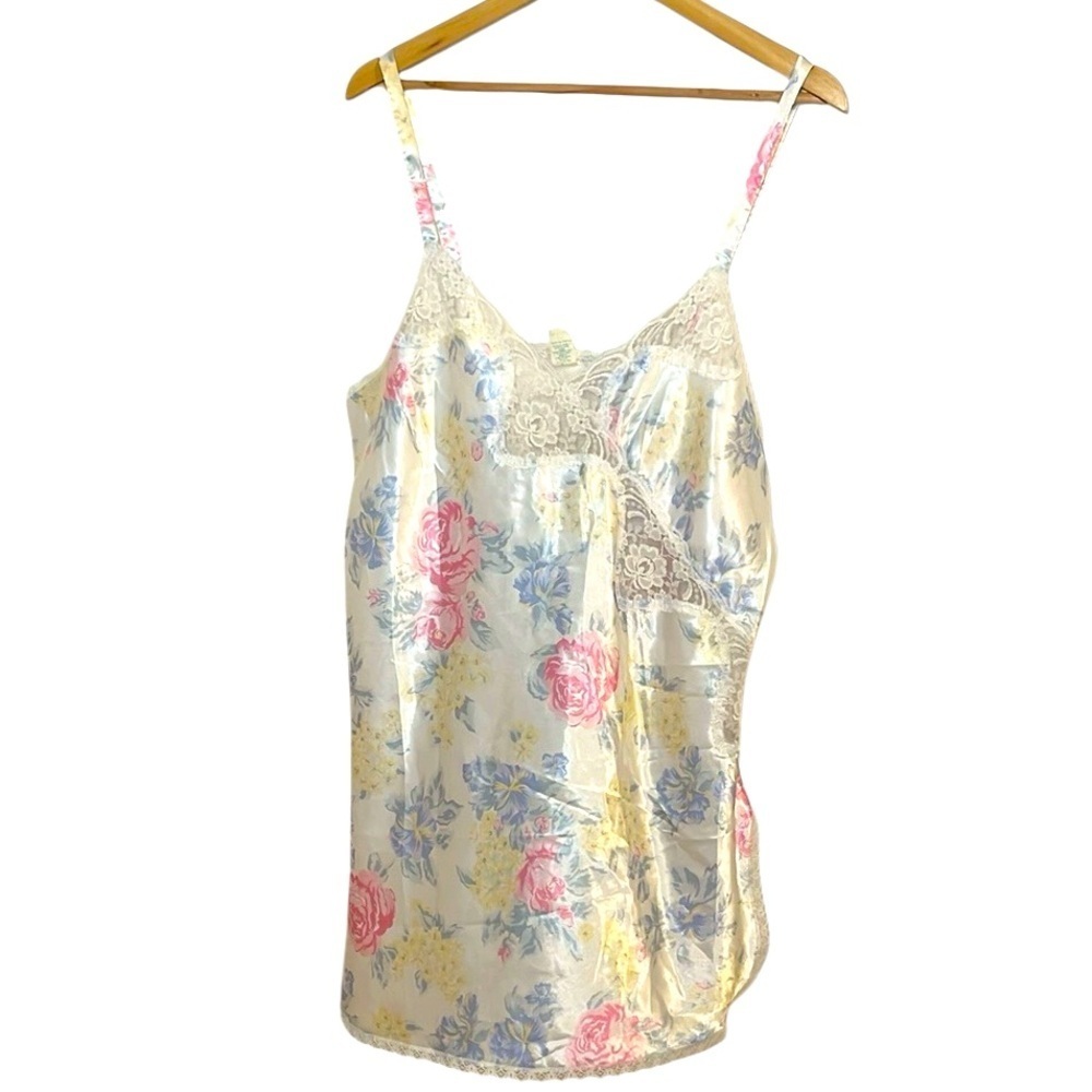 Vintage Coquette Floral Satin Slip Dress with Lace Trim, White, pink, blue, 1X